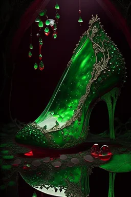 dark fantasy, intricate cover, a whimsical fairytale, translucent shoe made of green glass with drops of crimson blood underneath