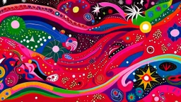 A magenta outer space with swirling stars designed in Australian aboriginal art painted by Henri Matisse