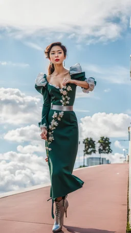 fullbody shot of girl makeup wearing a dark green-silver victorian blouse skirt with pretty boots walking in moder city of 2040 park ,flowers ,pretty clouds in blue sky,city escape.