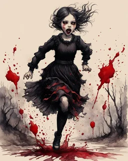 Petit girl goth, run pose, fullbody, splashes blood, behind guts rising from the ground, watercolor illustration by <John Kenn Mortensen>, darkred tones,