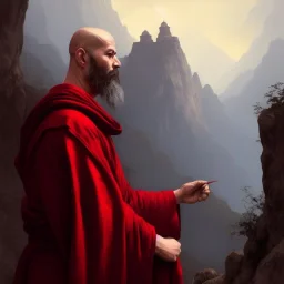 Portrait of a monk, red robe, mountain background, fog, distant temple, face front, grim, Frank Frazetta, Greg Rutkowski, hyperdetailed, dnd, trending on Artstation, Splash screen art, dynamic lighting, hyperdetailed, intricately detailed, a masterpiece, 8k resolution, high contrast, bearded,