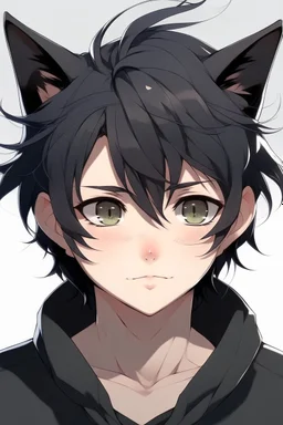 A anime boy with messy black hair, large black cat ears.