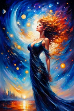 the night sky, she awaits with anticipation, Karol Bak UHD,, Pino Daeni and Dan Mumford, exquisite rendering, style of Leonid Afremov, Mario Sanchez Nevado. Modifiers: intricate very attractive beautiful award winning ultra detailed colourful high energy