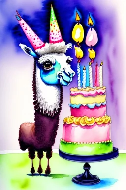 A llama having a birthday cake. Watercolour