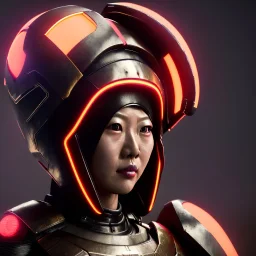 Japanese cyber woman, sci-fi, rounded face, blood, black, gold, brown, samurai helmet, decorative color feathers, retro, simetric, circuits, neon style, a lot of led lights, fog, rain, leather, vibrant color, highly detailed, art stations, concept art, smooth, unreal engine 5, god rays, ray tracing, RTX, lumen lighting, ultra detail, volumetric lighting, 3d, finely drawn, high definition, high resolution.