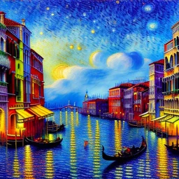 Dibujo al oleo de la ciudad Venecia con muchas nubes de colores estilo Vincent van Gogh