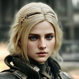 Prhotorealistic close-up of a beautiful blonde warrior with dystopian clothes and background