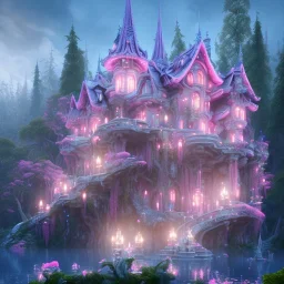 a magical flower bleu pink house in the woods, pink vertical, blue lake,sharp, vines, candlelit, endor, ornate, elegant, highly detailed, artstation, concept art, smooth, sharp focus, illustration, 8k, splash art, wallpaper, key visual