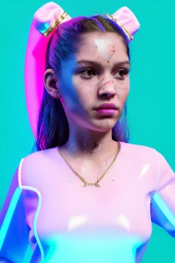 Ultra Realistic image, Rosalía artist, portrait, normal complexion, natural small busty, traditional little tattoo, two bows, little chopsticks hair ,black eye long liner, latex t-shirt, inflatable open coat, gold pink and blue style, spray line glow make up, geometric led jewelry, fog, hot, inflatable style latex coat, vibrant color, highly detailed, art stations, concept art, smooth, unreal engine 5, god rays, ray tracing, RTX, lumen lighting, ultra detail, volumetric lighting.