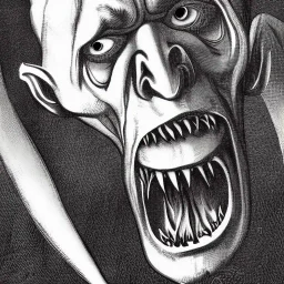 Nosferatu vampire with white skin and horns on the jaw with giant mouth full of fangs as Russian Orthodox