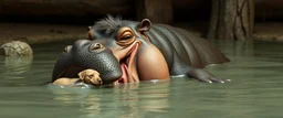 realistic hippo pimp with fluffy hair, doing dog things and eating small dog in the style of fallout 4 and giger and escher