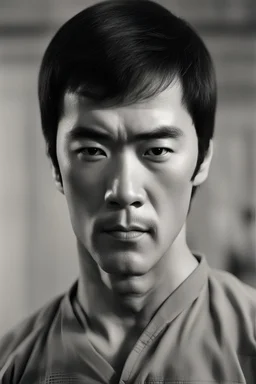 close up shot, detailed photograph of Bruce Lee looking straight at the camera standing straight, hands relaxed, square jaw, shot action film ,cinematic luts