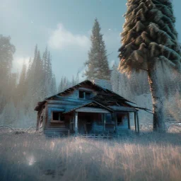 abandoned Ghosttown Gold mine Buildings in the mountains, winter, octane render, spruce trees