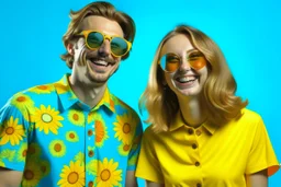 Pareja de hombre y mujer, ella con vestido años 70 flowepower, sonrisa de fiesta y gafas de sol redondas de color azul, él con una americana verde y camiseta azul claro con una margarita dibujada, fondo de flores de colores chillones pop, fotografía realista