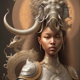 Sango fantasy, fantasy magic, intricate, sharp focus, illustration, highly detailed, digital painting, concept art, matte, art germ and Paul Lewin and Kehinde Wiley, masterpiece silver elephant head bronze Buddha Asian African girl nice breast Hawaiian hair turquoise golden waves