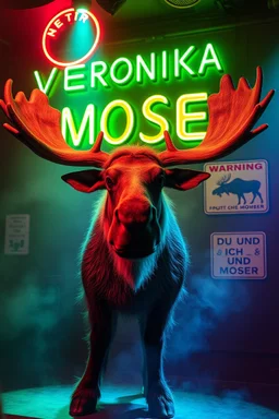 An big female moose with big eyes "Veronika Moser" performing at dance club, her name is "Moser" HAIRY FRUITS EVERYWERE On stage, Green Neon lights and smog, and "VERONIKA MOSER" big sign on the wall, "DU UND ICH UND MOSER" red plate sign, Swedish Yellow warning sign with moose