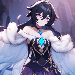 Clear focus, High resolution, rough line sketch art, long black hair, hair between eyes, fluffy hair, purple eyes, wearing a off shoulder shirt, no spaghetti strapes, dark aura, 1girl, wearing a skirt, genshin impact, wearing a little bit revealing outfit