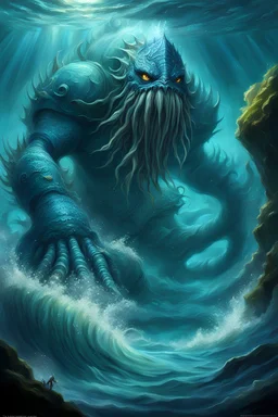 Fantasy art, gargantuan ocean creature god, entity of water, intimidating presence, underwater, in the style of World of Warcraft