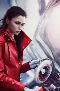 Woman repairing a red jacket.