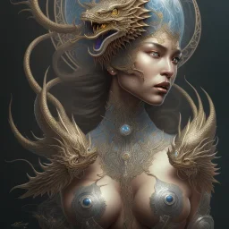 sango fantasy, fantasy magic, intricate, sharp focus, illustration, highly detailed, digital painting, concept art, matte, artgerm and paul lewin and kehinde wiley, masterpiece silver dragon head golden Asian nice breast Afo woman black waves