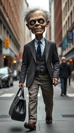 A man with suite carrying a business bag walking in the new York street , his head is an old scary doll