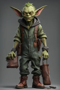 4K image, neutral grey background, photorealistic digital art style, image of a green goblin in overalls made of greasy dirty rags, oversized leather work boots, carrying a dirty wooden tool case filled with random hand tools, goblin has a long pointy nose, very large pointy ears, small beady red eyes, head is wider than it is tall, has a devious grin, wearing a beat up cap on his head