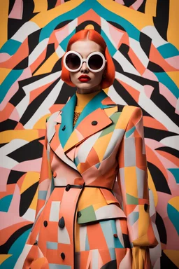Fashion model full view in a colorful costume at milan fashion week show, in the style of retro grotesque, kawaii aesthetic, pop inspo, inspired by 50s ::9 Fashion photography, fabric print Gareth Pugh Style, oversized portraits, multi – layered, terracotta