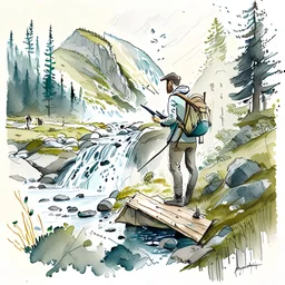 Illustrate a scene of an artist exploring the wonders of Norwegian nature, sketching, plain air amidst forests, waterfalls, and meadows, artistic style