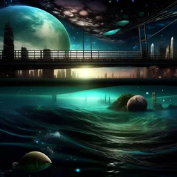 scene of galaxy and waves, bottom half underwater, top half out of water, showing the sky and city skyline with a large bridge, planets, the great unknown, bridge