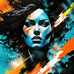 create an abstract portrait illustration of a female face in the process of severe explosive disintegration , highly detailed , in the comic art style of FRANK MILLER and BILL SIENKIEWICZ, searing lines and forceful strokes, boldly inked, with gritty textures, vibrant colors, dramatic otherworldly lighting