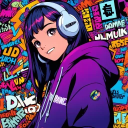 masterpiece, intricate details, a wide angle 2D anime bold line flat color illustration of a cheerful boy in a high purple hoodie and headphones in hip hop style, dopamine style, overlaying mixed patterns of pop art text and emoji device installations, sharp focus, charming character illustration, beautiful vibrant kuler palette gradient