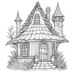 A fairy house Jewel-toned Crystal Chalet, coloring page, exact shape, real image, minimal lines, white back ground color, real style, realistic, minimalistic, minimal black line art, line art, crisp line art, unique coloring sheet, outlined, outline, crisp, crisp line edges, illustration, thin lines, crisp clear lines, line art, clean line art, unique, 8k, no colors, no dark color, no black color, avoid thick black, minimalistic line edges, white back ground,