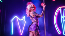 a beauty woman on full body shiny neon tattooes with ultra white-red hair wearing an short unique dress; looking at camera and dancing on stage, holding one pole. She appears to be a performer, possibly a dancer, preparing to entertain an neon color nonfigurative shapes on walls, vibrant neon shapes, , Psychedelics vibe,, vertical lights, alternative punk-metal style atmospheric, smoke, high detalied, high realistic, photorealist