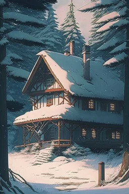 studio ghibli, a house, snow, woods,