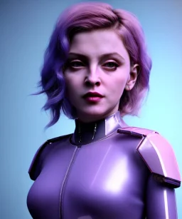 Artist, young madonna, android woman, sweet, clean skin, short hair, circuits, ghost in the shell, latex coat, feather, cyber punk, neon, bamboo, blood, portrait, studio photo, unreal engine 5, soft color, 16 bit, god lights, ray tracing, RTX, lumen lighting, ultra deatail, volumetric lighting, 3d, finely drawn, hd.