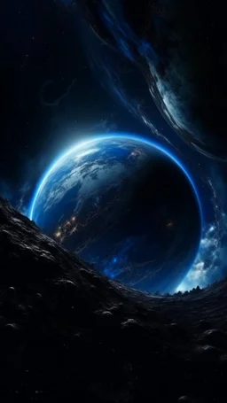 Intense cold dark blue planet behind Earth view from a distance, a lot of Intelsats orbiting around Earth, Hole apocalypse wipes out Universe. Cold blue cloudy hole collision explodes in outer space.a shape of devilish dark body with hood in the hole like sucked in side Epic galaxy with growing black hole. Cinematic interstellar