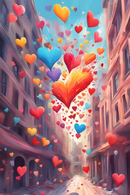 a digital painting of an explosion of colorful hearts from a building, detailed, whimsical, storybook, bold lines, vibrant