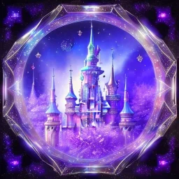 un grand château subtil en cristal violet bleu dans une ambiance galactique avec une belle fée, pétales transparents, couleurs délicates, bin le premier plan, plein de détails, ambiance lumineuse douce et douce, effet de lumière, vaporwave coloré, art conceptuel, lisse, extrêmement net, photo complète du corps, chef-d'œuvre, meilleure qualité, peau bleue, yeux étincelants, peau fluorescente, yeux bleus, maquillage étincelant, longs cheveux blonds, style féerique, corps très détai