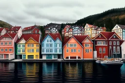 Colored pencil drawing, Very detailed, Realistic, Drawing of the colorfull houses in the city Bergen in Norway. Colorfull, professional, detailed, pencil strokes