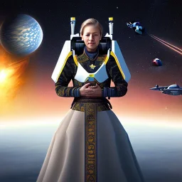 centered portrait of female soldier sitting on throne, wearing no helmet, by a starship window with a view to the milky way, hi detail, book cover illustration