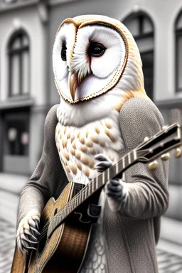 One single mature barn owl, playing guitar in the street , Vienna, friendly, model style, hyper realistic, extremely accurate, delicate, extremely detailed, Graphic novel style, wide-angle, open aperture, superfine pencil