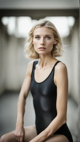 beautiful anorexic woman, total shot, short shiny black triathlon swimsuit, short blond wavy bob hair, blurred concrete background