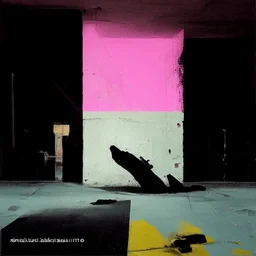 Minimal abstract oil paintings of a desolate 1960s carpark. Illuminated by a spotlights. On the floor are concrete fragments and road markings . In the dark mysterious style of Justin Mortimer and Francis Bacon.