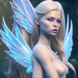 beautiful blonde fairy, blue eyes, in a magical ambiance, transparent wings, delicate colors, finely tuned detail, ultra high definition, 8 k, unreal engine 5, ultra sharp focus