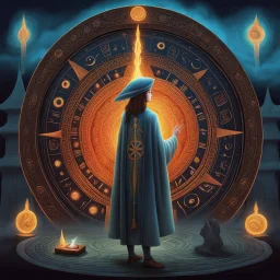 full_body:: Young mage with ornate grimoire and swirling mana:: Ancient stone temple with engraved runes at night::by artist "Leonora Carrington",by artist "Tarsila do Amaral":: Cinematic lighting with shadows emphasizing the character's determination:: eye_level perspective::