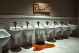 line of fine white porcelain urinals in a nice restaurant men's room with marble floors and walls but one of the urinals is dark brown with a crack and is sprouting brackish water on floor, above the broken urinal is a cardboard sign with written text "FLUX" with a dark shadow casting a pall on it, concept art, hyperreal