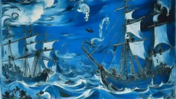 A dark blue savage ocean with broken pirate ships designed in cave paintings painted by Pablo Picasso