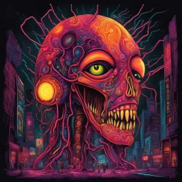 Neon legacy of nyctophobia, by Matt Sesow, mind-bending illustration; asymmetric, warm colors, dark background