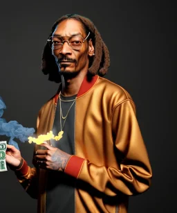 Snoop Dogg, burning cigar with dollars, jungle background, hyper realistic