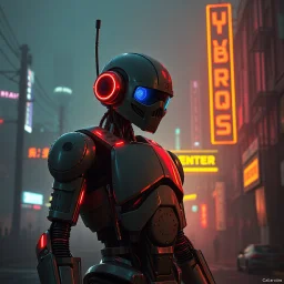 robot, dystopia, cyberpunk aesthetic, neon, fallout